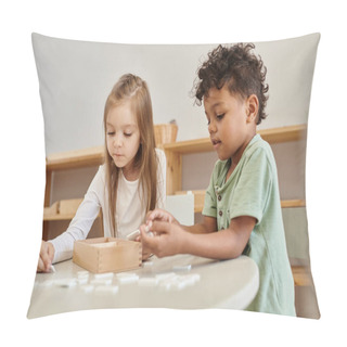 Personality  Math Learning, Diverse Children, African American Boy Playing With Girl, Montessori School Concept Pillow Covers