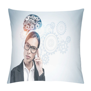 Personality  Pensive Woman In Glasses Brainstorming Pillow Covers
