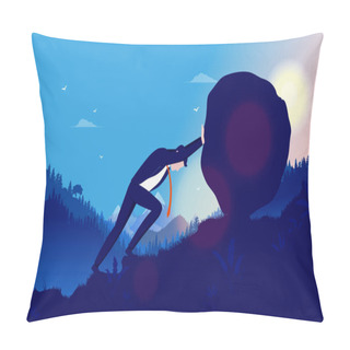 Personality  Heavy Task And Problems - Business Man Pushing Heavy Rock Up Hill With Sun Mountains And Forest In Background. Hard Work, Reach Success, Overcome Adversity Concept. Vector Illustration. Pillow Covers