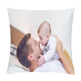 Personality  Handsome Young Dad Lying In Bed In Bedroom And Lifting His Loving Laughing Baby Boy Six Months Old. Unconditional Love Concept. Pillow Covers