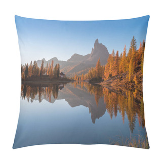 Personality  Autumn View Of Lake Federa In Dolomites At Sunset. Fantastic Autumn Scene With Blue Sky, Majestic Rocky Mount And Colorful Trees Glowing Sunlight In Dolomites. Dolomite Alps With Yellow Larch Trees Pillow Covers