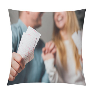 Personality  Cropped View Of Happy Man And Woman Holding Hands While Holding Lottery Tickets Pillow Covers