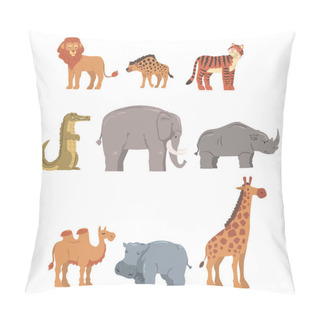 Personality  Collection Of African Animal, Hippopotamus, Lion, Rhino, Elephant, Crocodile, Wild Predator And Herbivore Jungle Savannah Animals Cartoon Vector Illustration Pillow Covers
