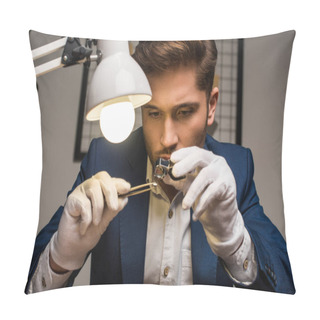 Personality  Handsome Jewelry Appraiser Working With Gemstone In Tweezers And Magnifying Glass At Table In Workshop Pillow Covers