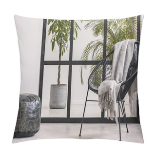 Personality  Grey Cozy Blanket On Black Fancy Armchair In Spacious Living Room Interior With Urban Jungle Pillow Covers