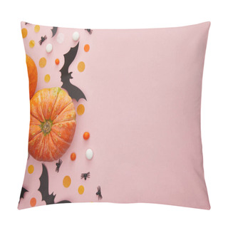 Personality  Top View Of Pumpkin, Bats And Spiders With Confetti On Pink Background, Halloween Decoration Pillow Covers