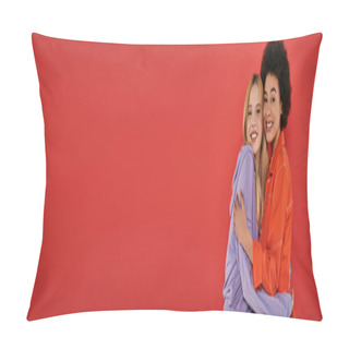 Personality  Cultural Diversity, Cheerful Multicultural Women Hugging While Looking At Camera On Coral Background, Blonde And Brunette, Diverse Friends, Sisterhood, Friendship Goals, Studio Shot, Banner  Pillow Covers