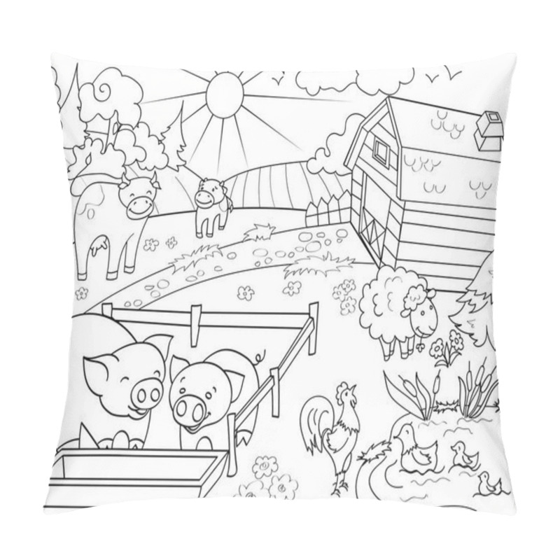 Personality  Farm animals and rural landscape coloring vector for adults pillow covers