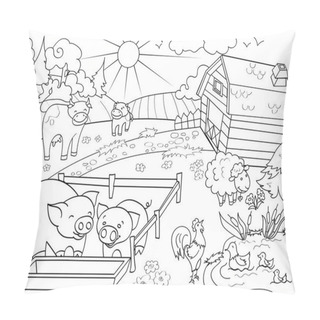Personality  Farm Animals And Rural Landscape Coloring Vector For Adults Pillow Covers