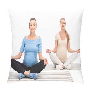 Personality  Two Pregnant Women Sitting On Floor And Meditating Isolated On White Pillow Covers