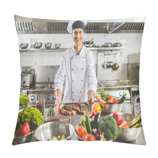 Personality  Smiling Chef Taking Tray With Raw Meat At Restaurant Kitchen Pillow Covers