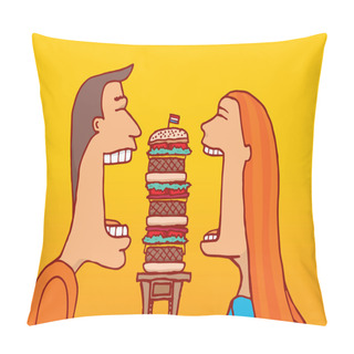 Personality  Couple Sharing A Huge Hamburger Pillow Covers