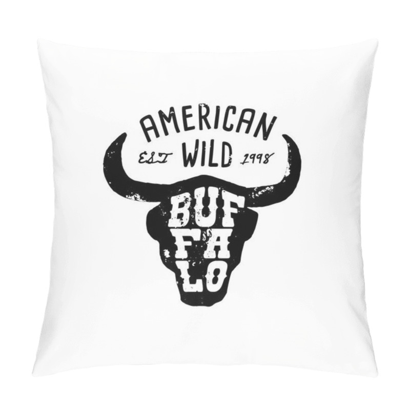 Personality  Western Logo Skull Buffalo head Draw Grunge style. Wild West symbol sing of a cow's Horns and Retro Typography. pillow covers