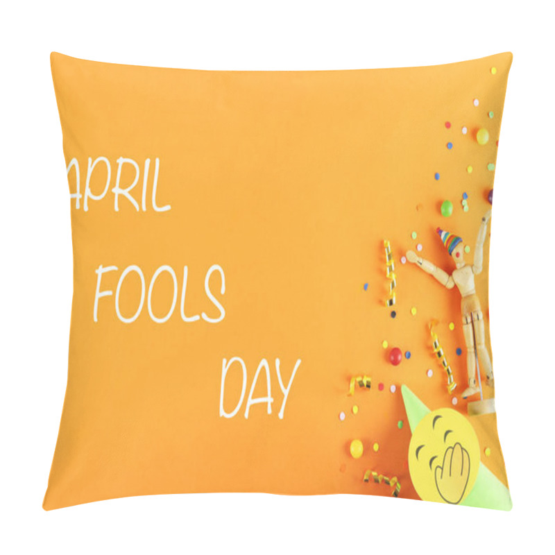 Personality  All fools day background concept with holiday accessories, April 1st themed party attributes. Close up, copy space, top view, flat lay. pillow covers