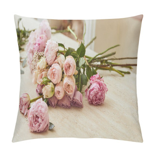 Personality   Bouquet With Roses And Peonies On Table At Flower Shop Pillow Covers