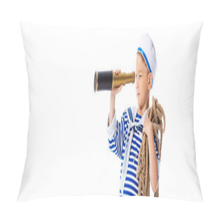 Personality  Panoramic Shot Of Focused Boy In Sailor Costume Holding Rope And Looking Through Spyglass Isolated On White Pillow Covers