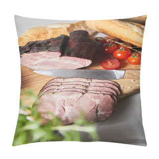 Personality  Selective Focus Of Tasty Ham On Cutting Board With Knife, Cherry Tomatoes And Baguette Pillow Covers