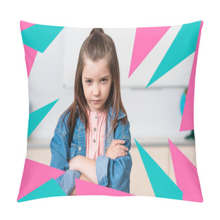 Personality  Serious Schoolgirl With Crossed Arms Looking At Camera Near Colorful Triangles Illustration  Pillow Covers