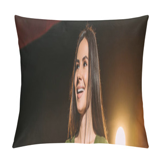 Personality  Panoramic Shot Of Beautiful Smiling Actress Performing Role On Black Pillow Covers