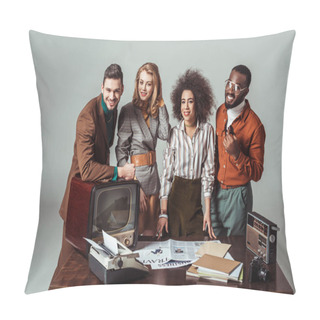 Personality  Smiling Multicultural Retro Styled Journalists Looking At Camera In Office Isolated On Grey Pillow Covers