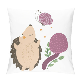 Personality  Vector Hand Drawn Flat Hedgehog Catching A Butterfly Pillow Covers