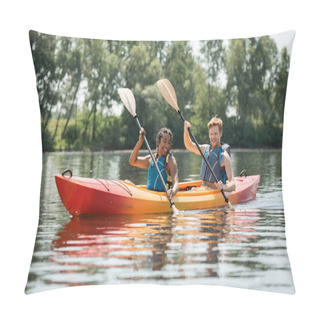 Personality  Charming African American Woman With Young And Redhead Man In Life Vests Smiling While Paddling In Sportive Kayak On Lake With Green Trees On Shore In Summer Pillow Covers