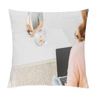 Personality  Partial View Of Woman Using Laptop, And Boy Holding Wooden Ship Model Near Table With Fish Bowl Pillow Covers