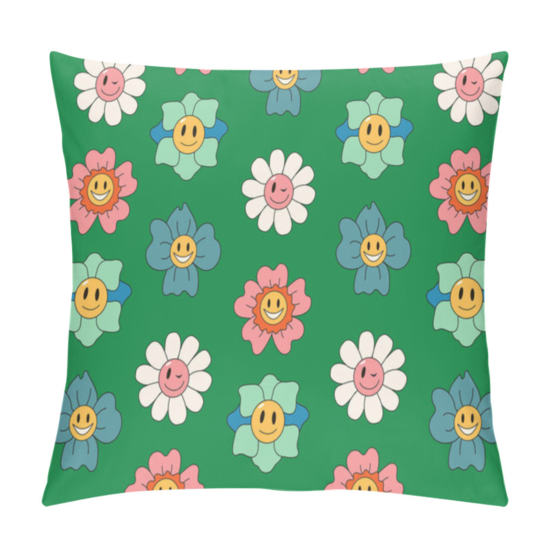 Personality  Groovy 70s seamless pattern. Funny cartoon flowers with a face. Trendy retro psychedelic cartoon style. Green background. pillow covers