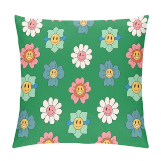 Personality  Groovy 70s Seamless Pattern. Funny Cartoon Flowers With A Face. Trendy Retro Psychedelic Cartoon Style. Green Background. Pillow Covers