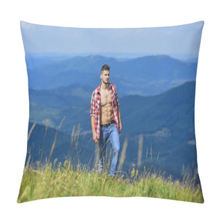 Personality  Best Vacation. Countryside Concept. Farmer On Rancho. Man On Mountain Landscape. Camping And Hiking. Sexy Macho Man In Checkered Shirt. Travelling Adventure. Hipster Fashion. Cowboy In Hat Outdoor Pillow Covers