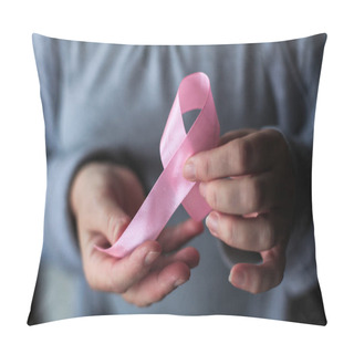 Personality  Healthcare And Medicine Concept - Womans Hands Holding Pink Breast Cancer Awareness Ribbon Pillow Covers