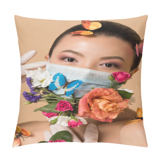 Personality  Attractive Asian Woman In Latex Gloves And Floral Face Mask With Butterflies Isolated On Beige Pillow Covers