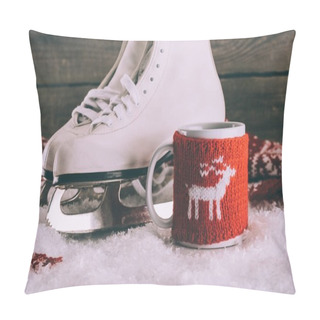 Personality  Pair Of White Skates With Cup With Knitted Ornament And Scarf Pillow Covers