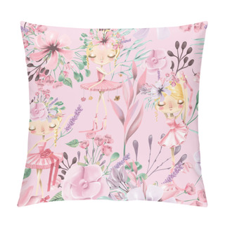 Personality  Lovely Pattern Of Cute Ballerina Girls With Flowers On Pink Background Pillow Covers