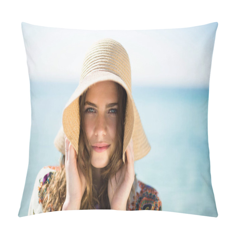 Personality  woman wearing hat while standing at beach pillow covers