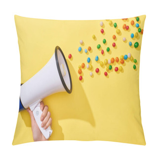 Personality  Cropped View Of Woman Holding Loudspeaker With Colorful Candies On Yellow Background  Pillow Covers