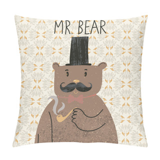 Personality Mr Bear. Cute Cartoon Bear In Classical Style With Top Hat, Smoking Pipe, Bow-tie And Nice Mustache. Vector Cartoon Character On Vintage Seamless Pattern Pillow Covers