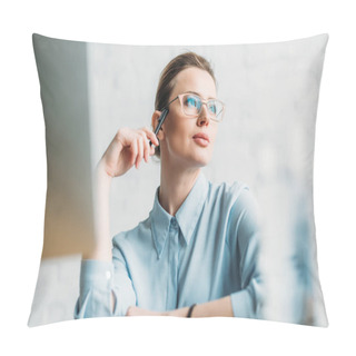 Personality  Attractive Businesswoman Sitting At Workplace In Office And Looking Away Pillow Covers