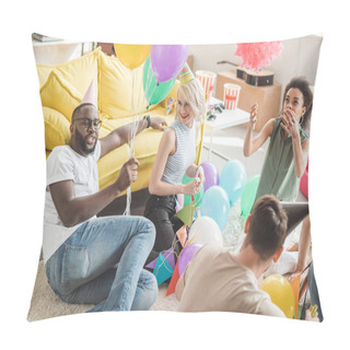 Personality  Multicultural Friends In Party Hats Sitting On Floor With Balloons In Decorated Room  Pillow Covers