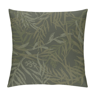 Personality  Hand Drawn Camo With Leaf, Seamless Pattern. Grunge Branches And Herbs Green Camouflage Background. Distressed Texture Wallpaper. Fabric Design. Ink Vector  Pillow Covers