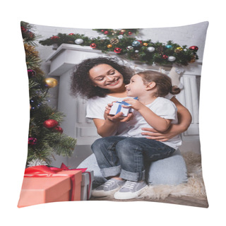Personality  Mother Embracing Daughter With Gift Box Near Decorated Pine And Fireplace At Home Pillow Covers