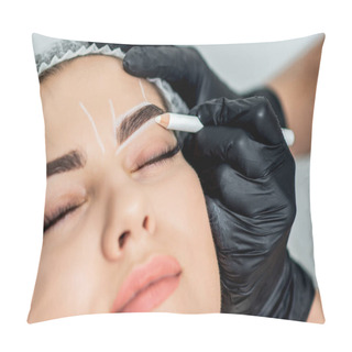 Personality  Markup With Pencil On Eyebrows Of Young Woman While Permanent Make Up. Pillow Covers