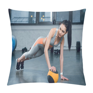 Personality  Young Sporty Woman Doing Push Ups With One Hand On Ball At Gym Pillow Covers