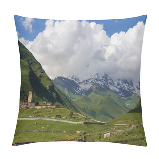 Personality  View Of Green Grass Meadow With Houses And Buildings And Mountains On  Background, Ushguli, Svaneti, Georgia Pillow Covers