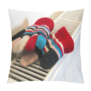Personality  Childs Knitted Gloves Drying On Heating Radiator After Winter Da Pillow Covers