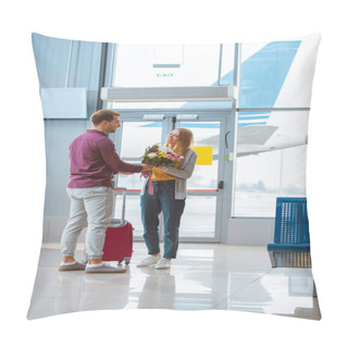 Personality  Cheerful Boyfriend Giving Flowers To Girlfriend In Airport  Pillow Covers