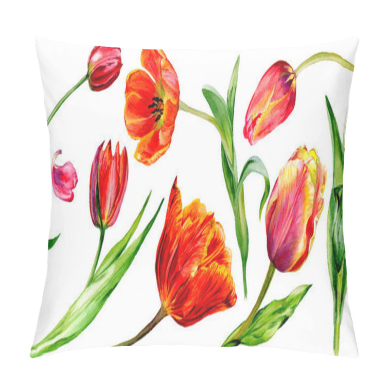 Personality  Amazing red tulip flowers with green leaves. Hand drawn botanical flowers. Watercolor background illustration. Isolated red tulips illustration element. pillow covers