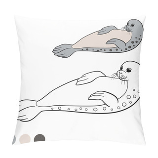 Personality  Coloring Page With Colors. Little Cute Spotted Seal. Pillow Covers