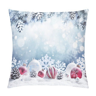 Personality  Christmas Card - Baubles On Snow With Snowy Fir Branches Pillow Covers
