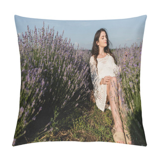Personality  Pregnant Woman With Closed Eyes Sitting In Field With Blooming Lavender  Pillow Covers